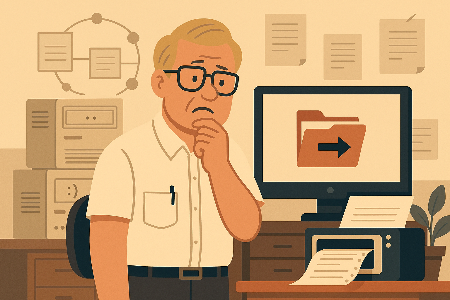 Office worker using outdated file handling methods with legacy hardware