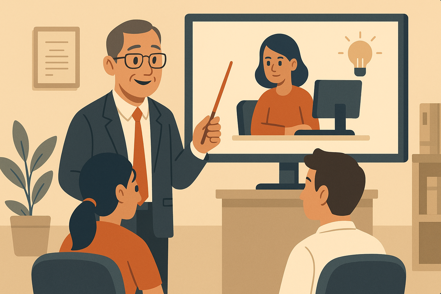 Smiling trainer guiding employees during a live security and compliance training session