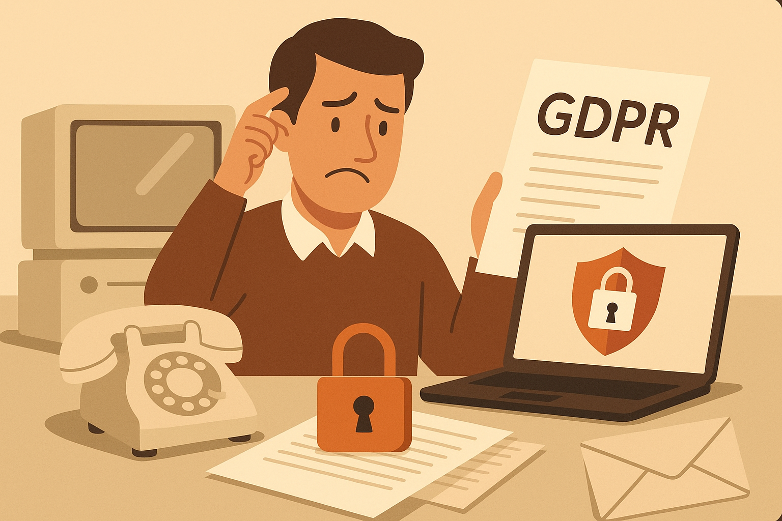 Compliance officer overwhelmed by GDPR policy papers, surrounded by a mix of old and new tech