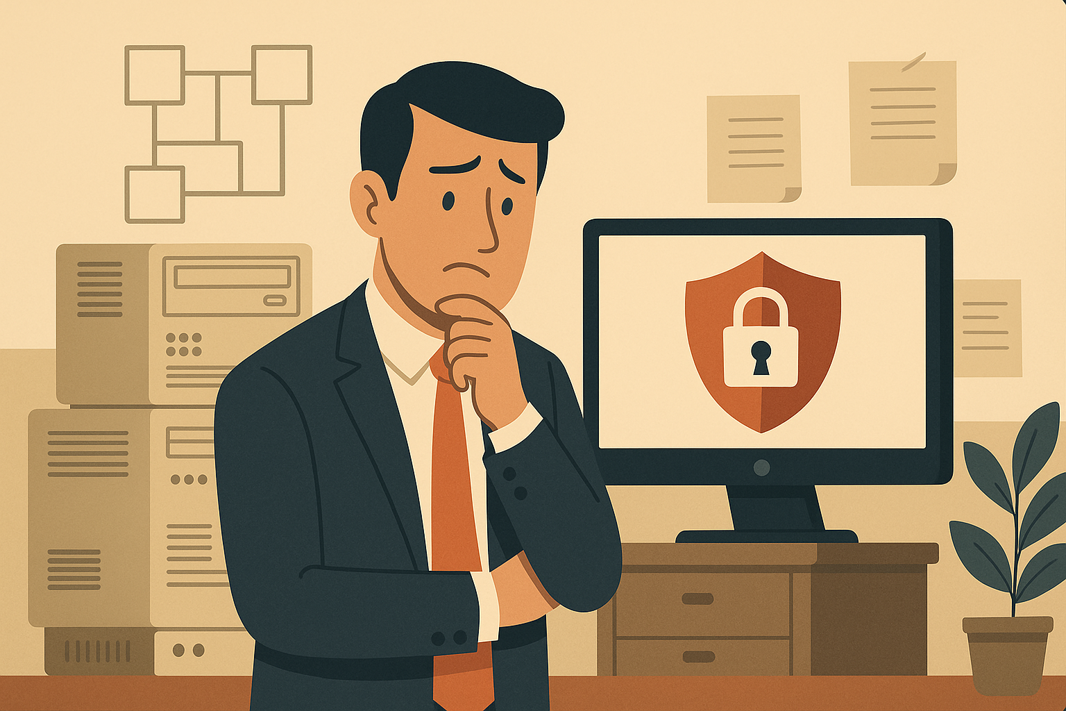 IT leader surrounded by stacked legacy servers and incompatible systems, worrying about compliance
