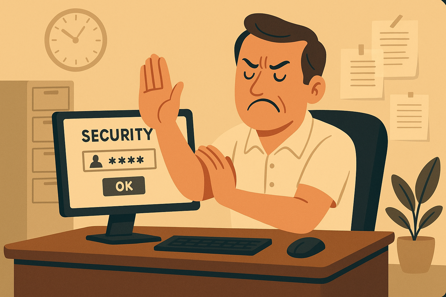 Frustrated employee resisting a security prompt, refusing MFA or new password rules